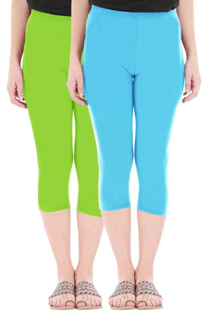 Combo Pack of 2 Skinny Fit 3/4 Capris Leggings for Women Merin Green Sky Blue