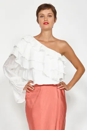 Comet Vanilla LS One Shoulder Ruffle Top