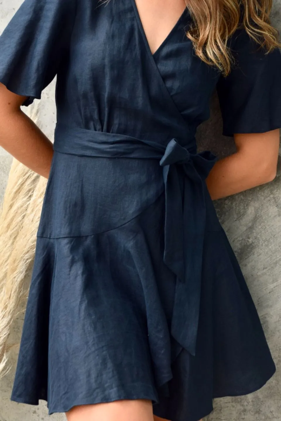 Confidence Navy Flutter Sleeve Linen Wrap Dress