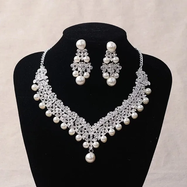 Crystal, Pearl and Rhinestone Tiara, Necklace & Earrings Wedding Jewelry Set