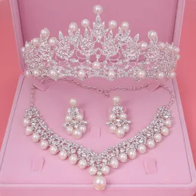 Crystal, Pearl and Rhinestone Tiara, Necklace & Earrings Wedding Jewelry Set