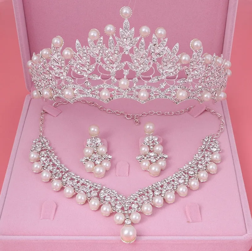 Crystal, Pearl and Rhinestone Tiara, Necklace & Earrings Wedding Jewelry Set