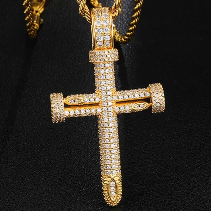 Cubic Zirconia Studded Big Nail Cross Hip-hop Pendant Necklace