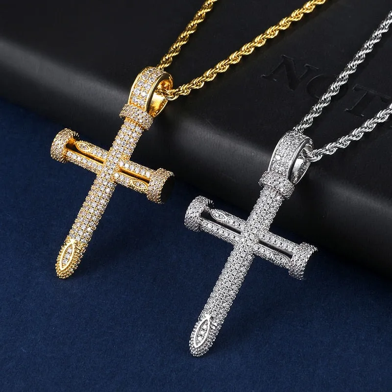 Cubic Zirconia Studded Big Nail Cross Hip-hop Pendant Necklace