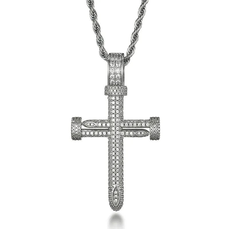 Cubic Zirconia Studded Big Nail Cross Hip-hop Pendant Necklace