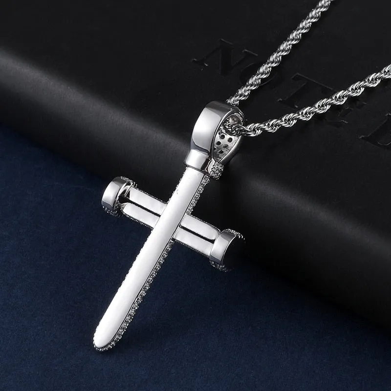 Cubic Zirconia Studded Big Nail Cross Hip-hop Pendant Necklace