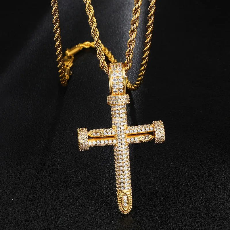 Cubic Zirconia Studded Big Nail Cross Hip-hop Pendant Necklace