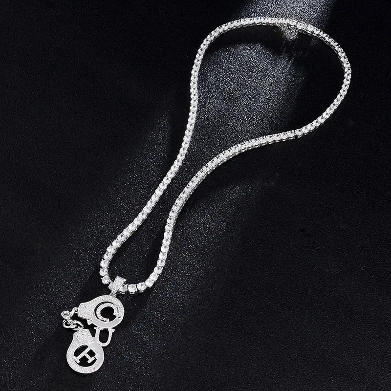 Cubic-Zirconia-Studded Handcuffs Bling Hip-hop Pendant Necklace