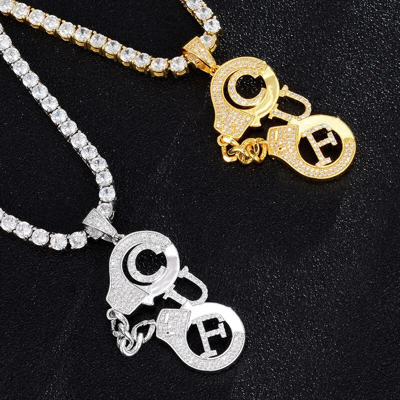 Cubic-Zirconia-Studded Handcuffs Bling Hip-hop Pendant Necklace