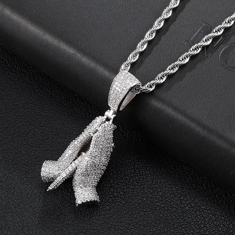 Cubic-Zirconia-Studded Praying Hands Hip-hop Pendant Necklace