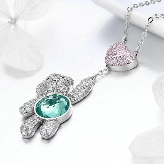 Dazzling Bear and Heart 925 Sterling Silver Fashion Pendant Necklace