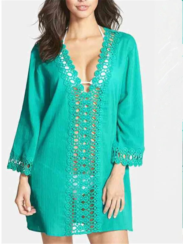 Deep V-neck Hook Flower Cut out Lace Beach Cover-up