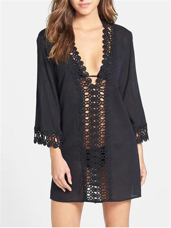 Deep V-neck Hook Flower Cut out Lace Beach Cover-up