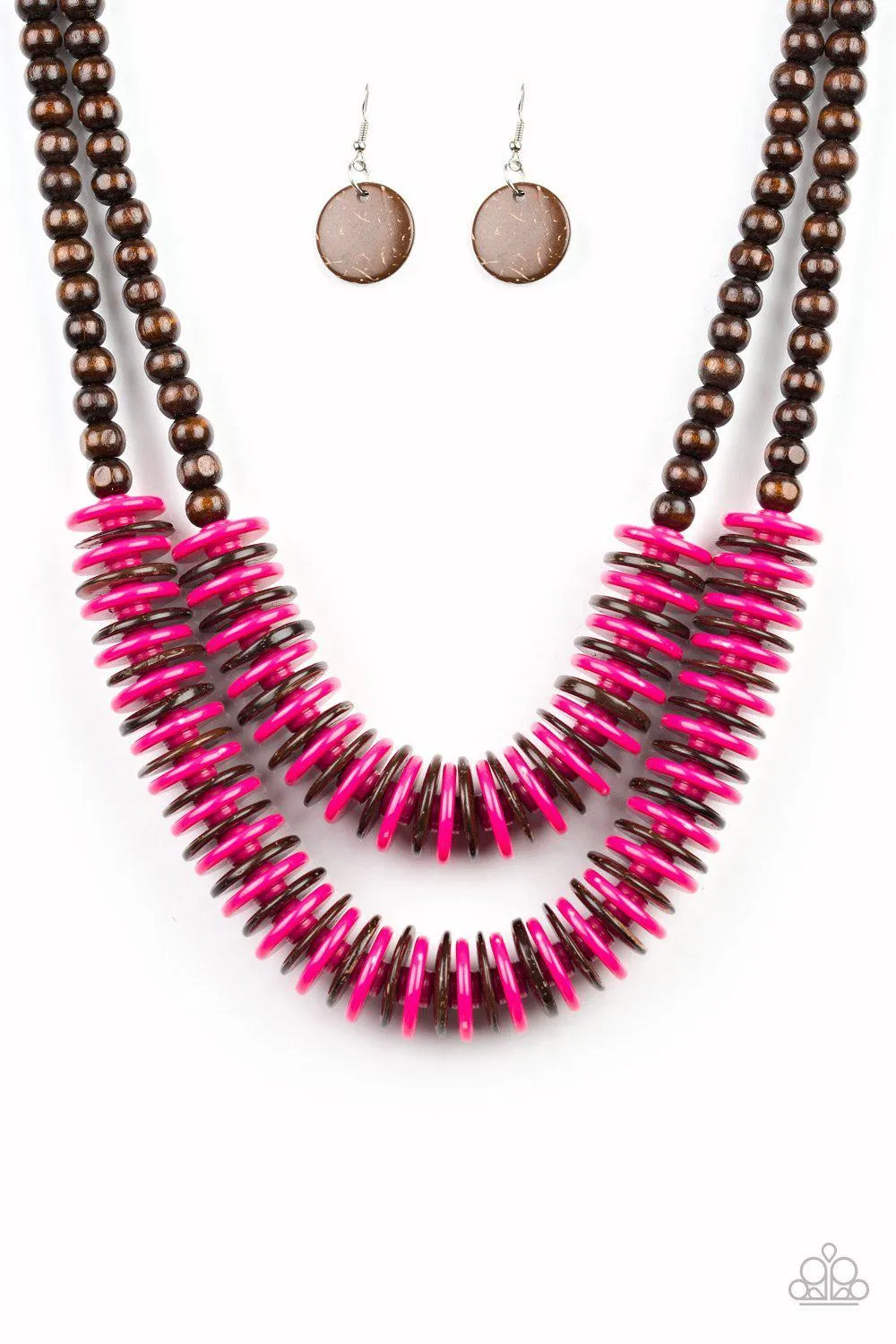 Dominican Disco Pink and Brown Wood Necklace - Paparazzi Accessories