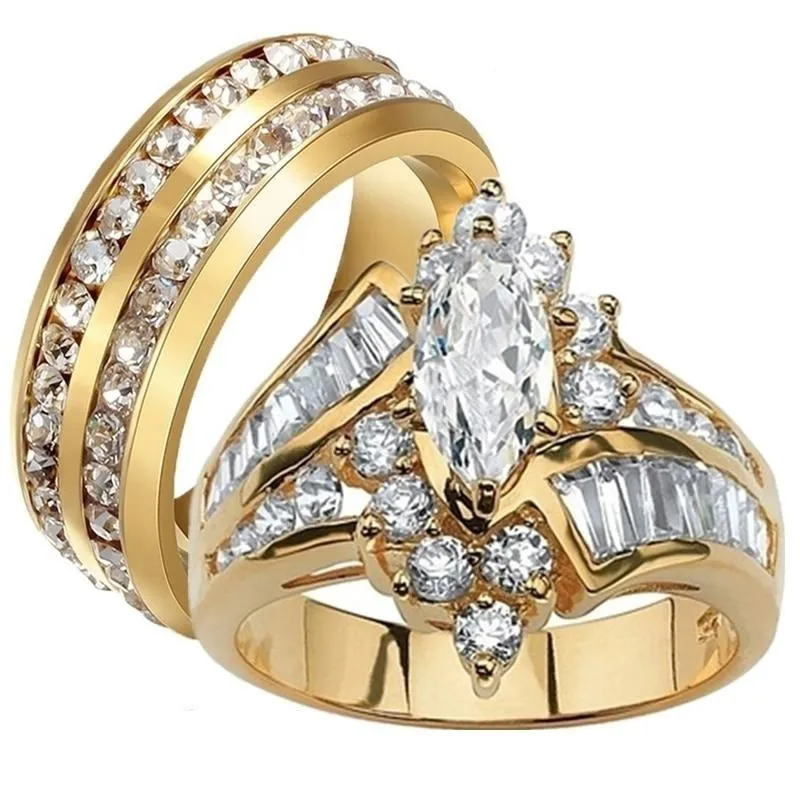 Double Row Cubic Zirconia and Crystal Rhinestones Stainless Steel Wedding Ring Set