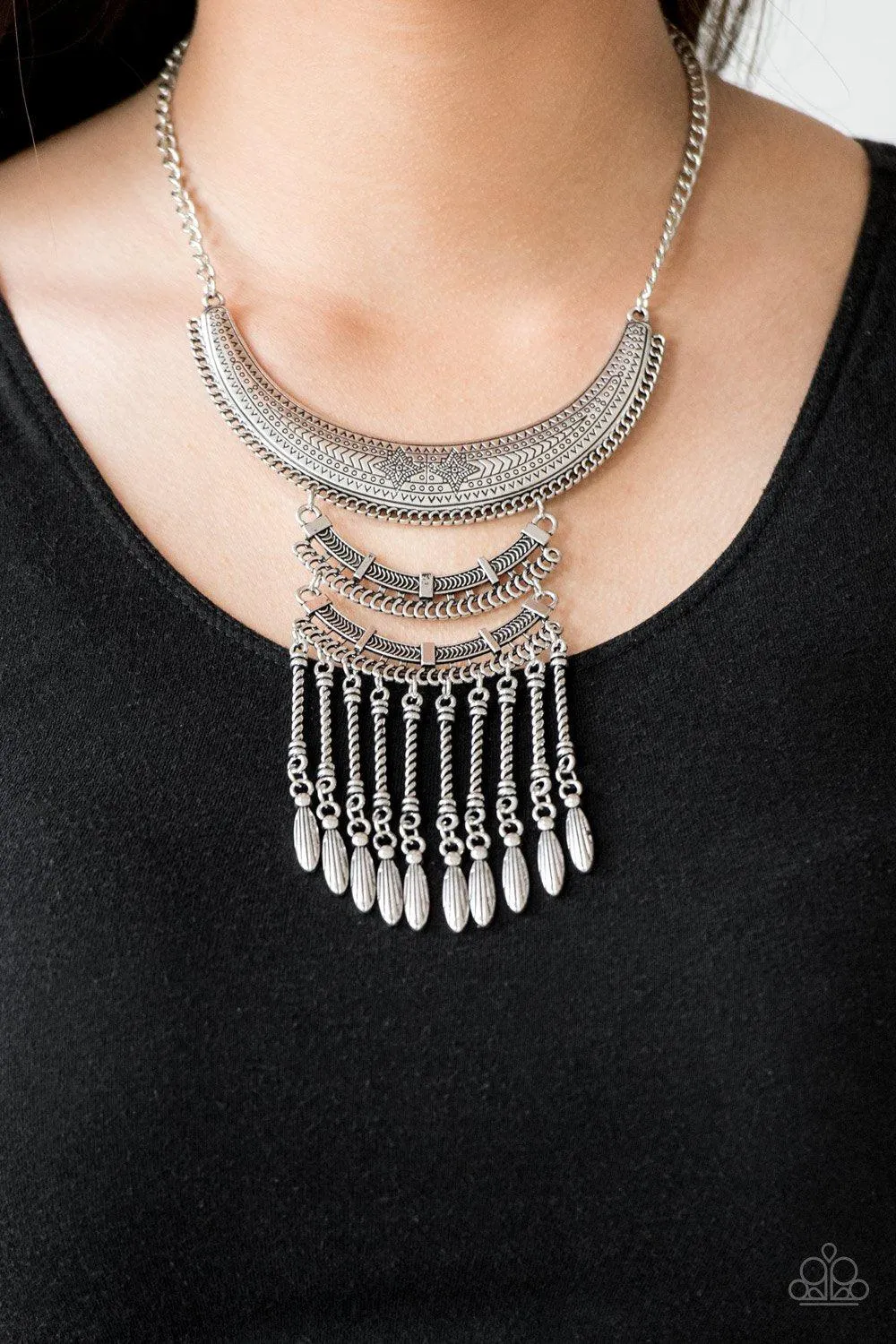 Eastern Empress Silver Fringe Necklace - Paparazzi Accessories