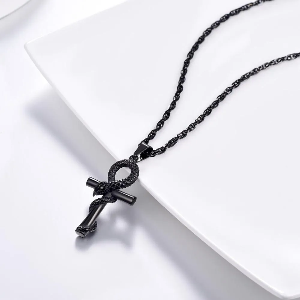 Egyptian Ankh Cross with Snake Pendant and Chain Necklace