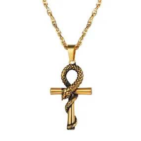 Egyptian Ankh Cross with Snake Pendant and Chain Necklace