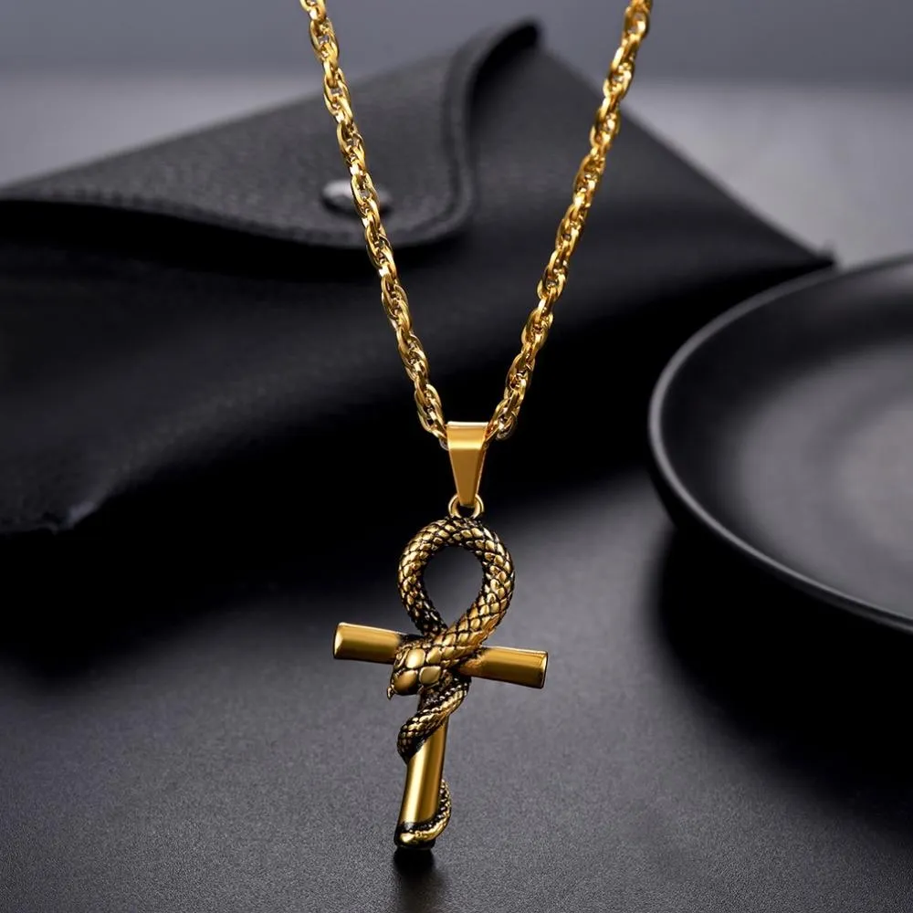 Egyptian Ankh Cross with Snake Pendant and Chain Necklace