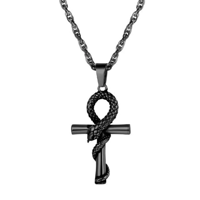 Egyptian Ankh Cross with Snake Pendant and Chain Necklace