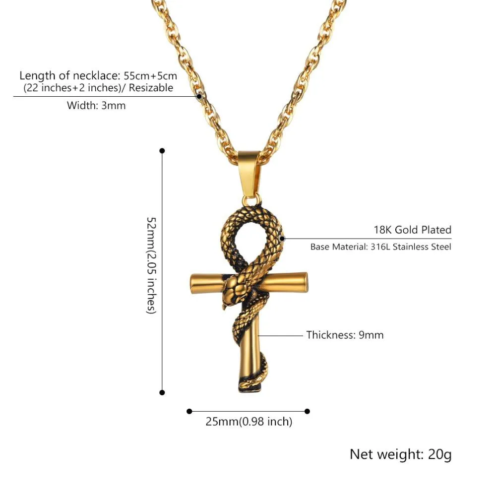 Egyptian Ankh Cross with Snake Pendant and Chain Necklace