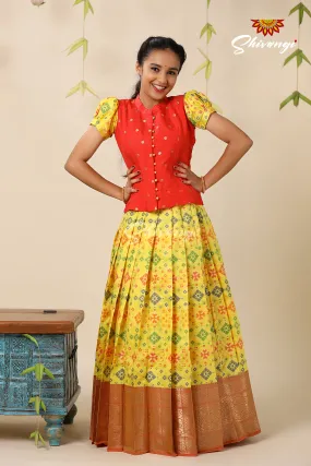 Floral Patola Yellow Pattu Pavadai For Girls - Festive Wear!!!