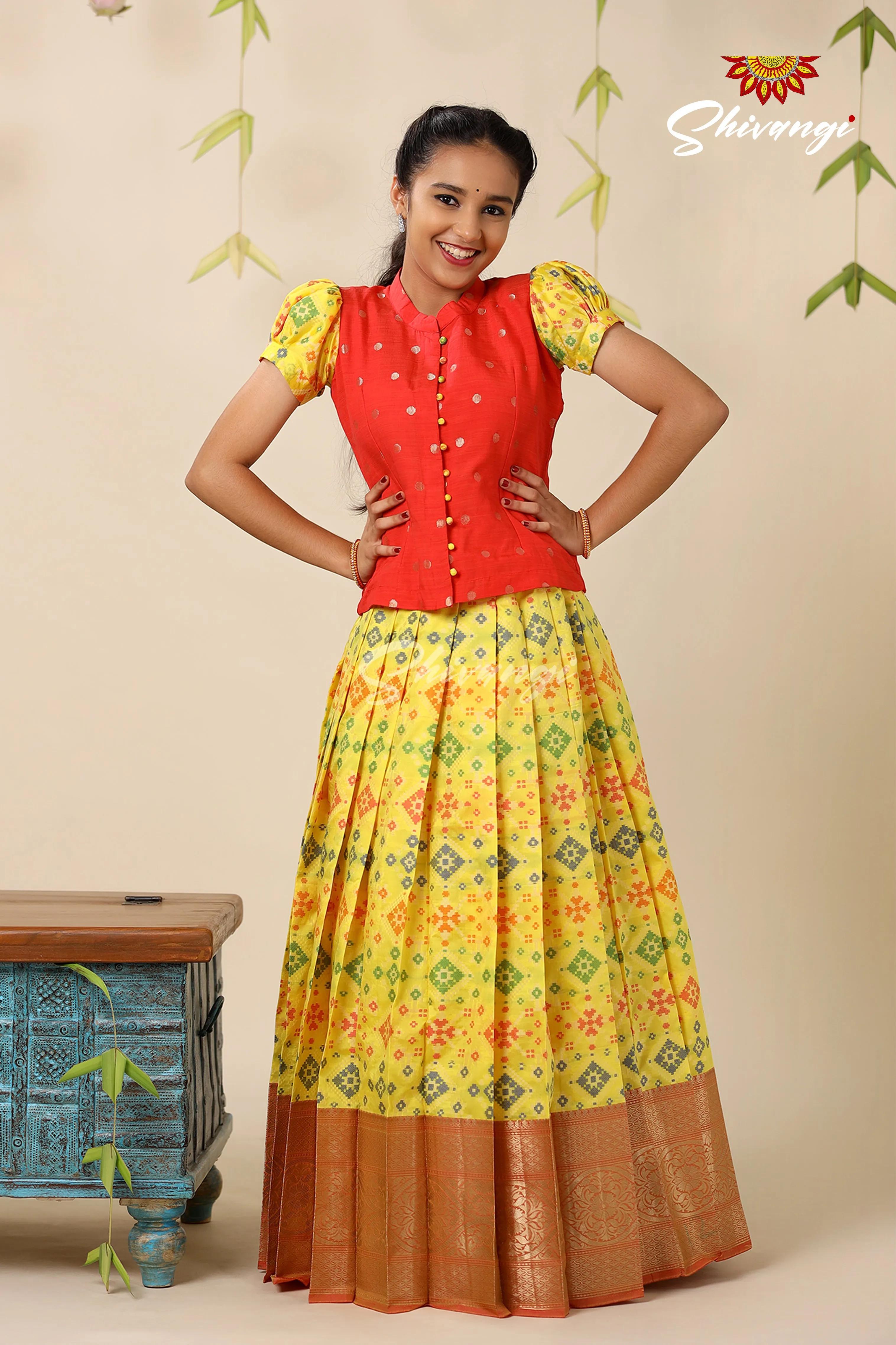 Floral Patola Yellow Pattu Pavadai For Girls - Festive Wear!!!