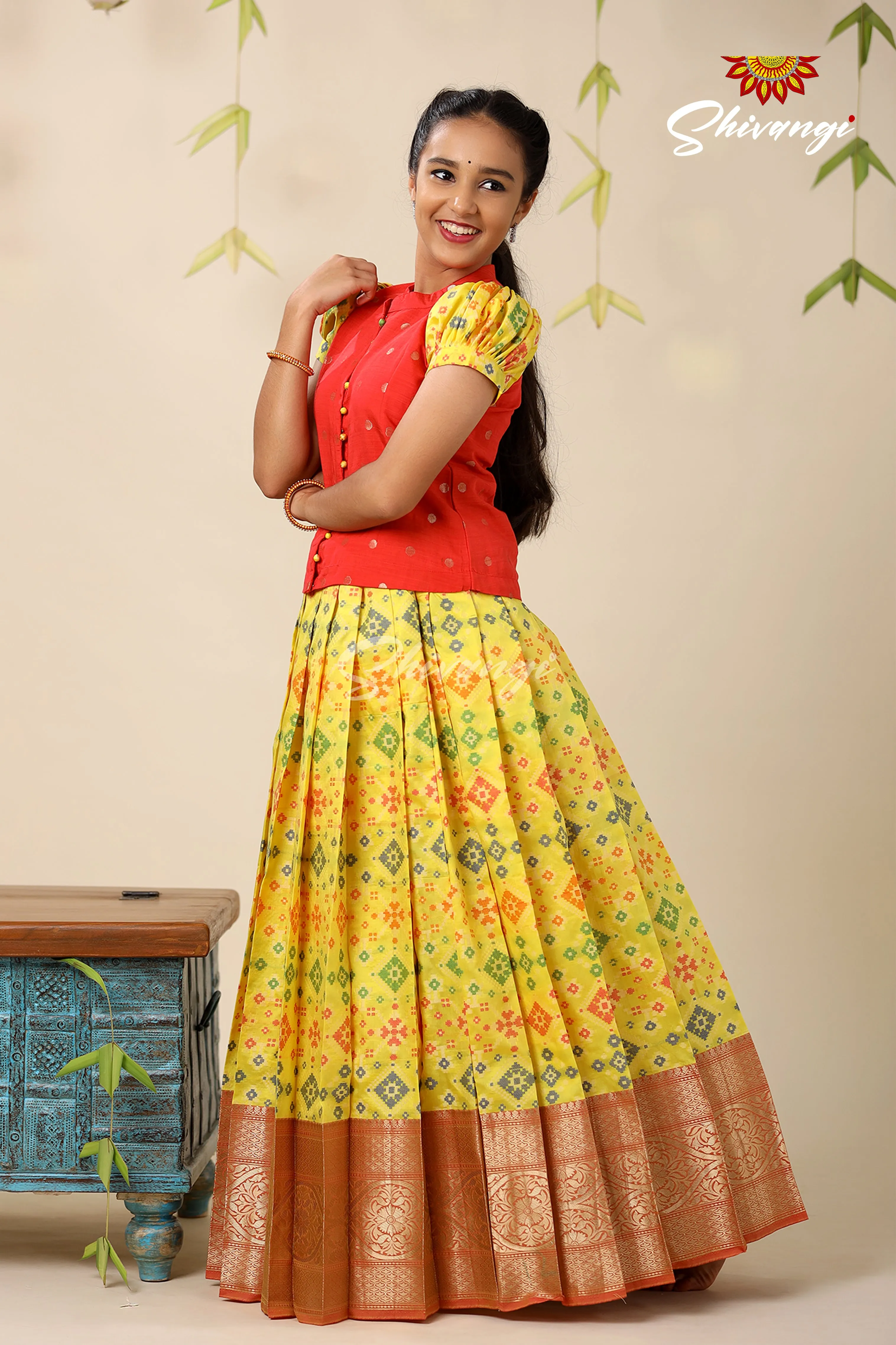 Floral Patola Yellow Pattu Pavadai For Girls - Festive Wear!!!