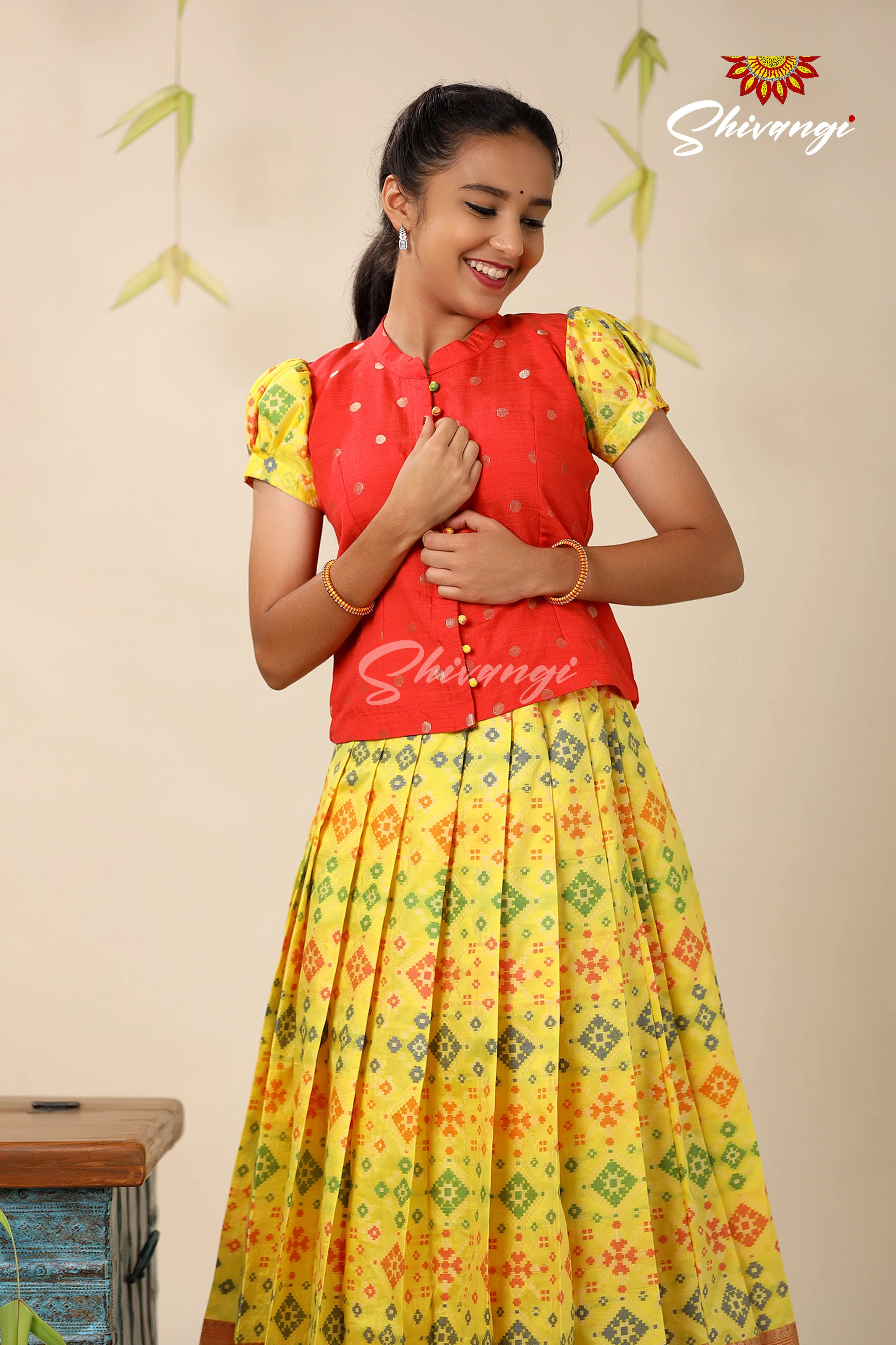 Floral Patola Yellow Pattu Pavadai For Girls - Festive Wear!!!