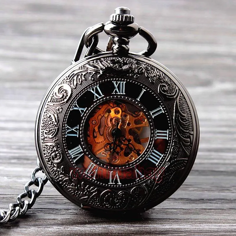 Floral Steel Quartz Mechanical Pocket Watch with Fob Chain