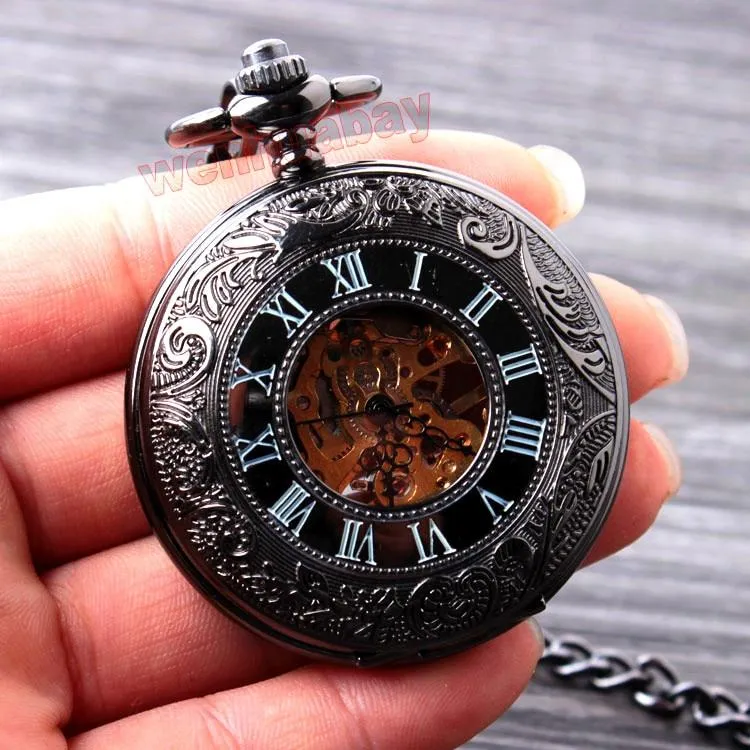 Floral Steel Quartz Mechanical Pocket Watch with Fob Chain