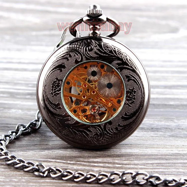 Floral Steel Quartz Mechanical Pocket Watch with Fob Chain