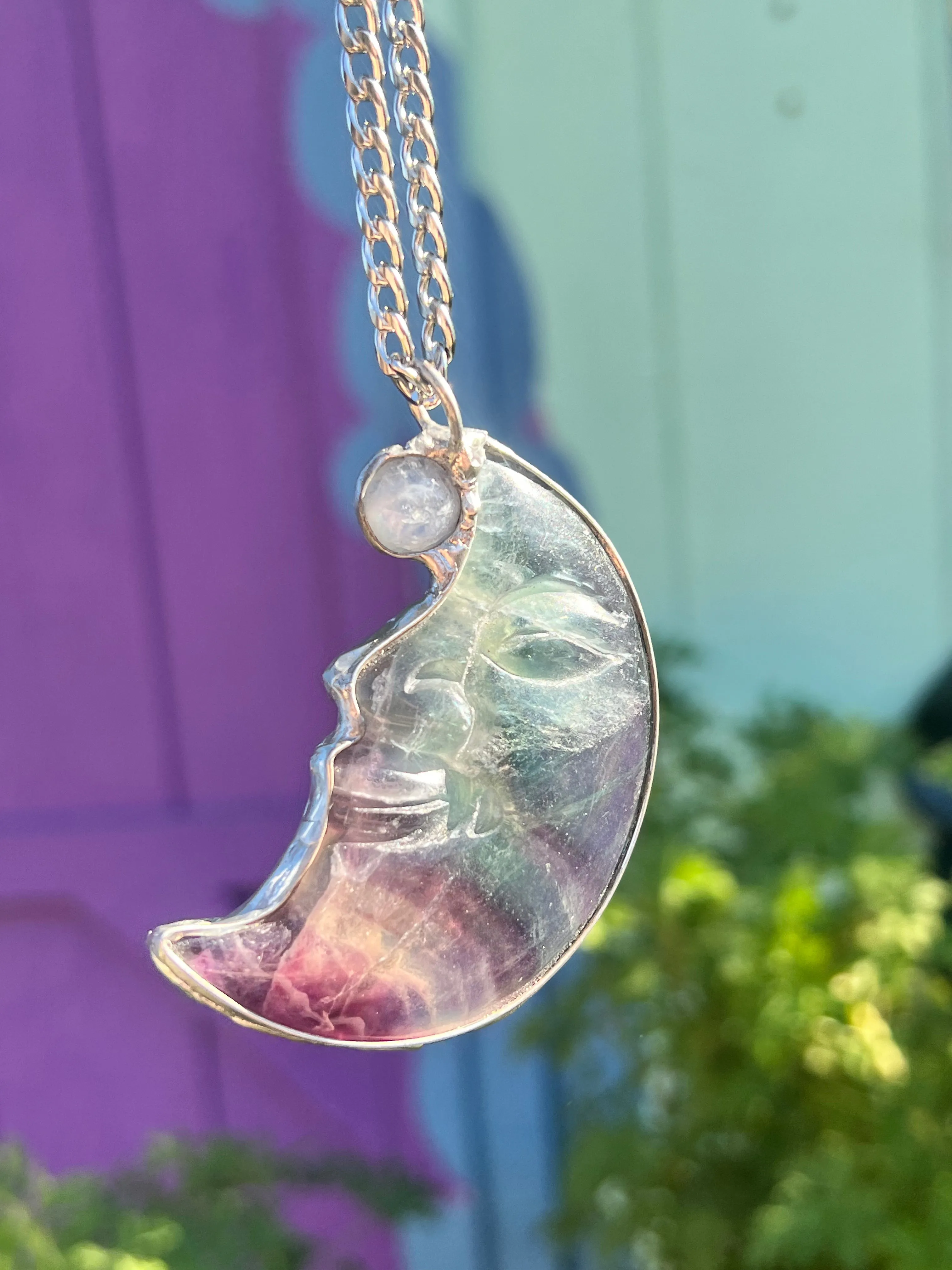 Fluorite and moonstone Moonface necklace