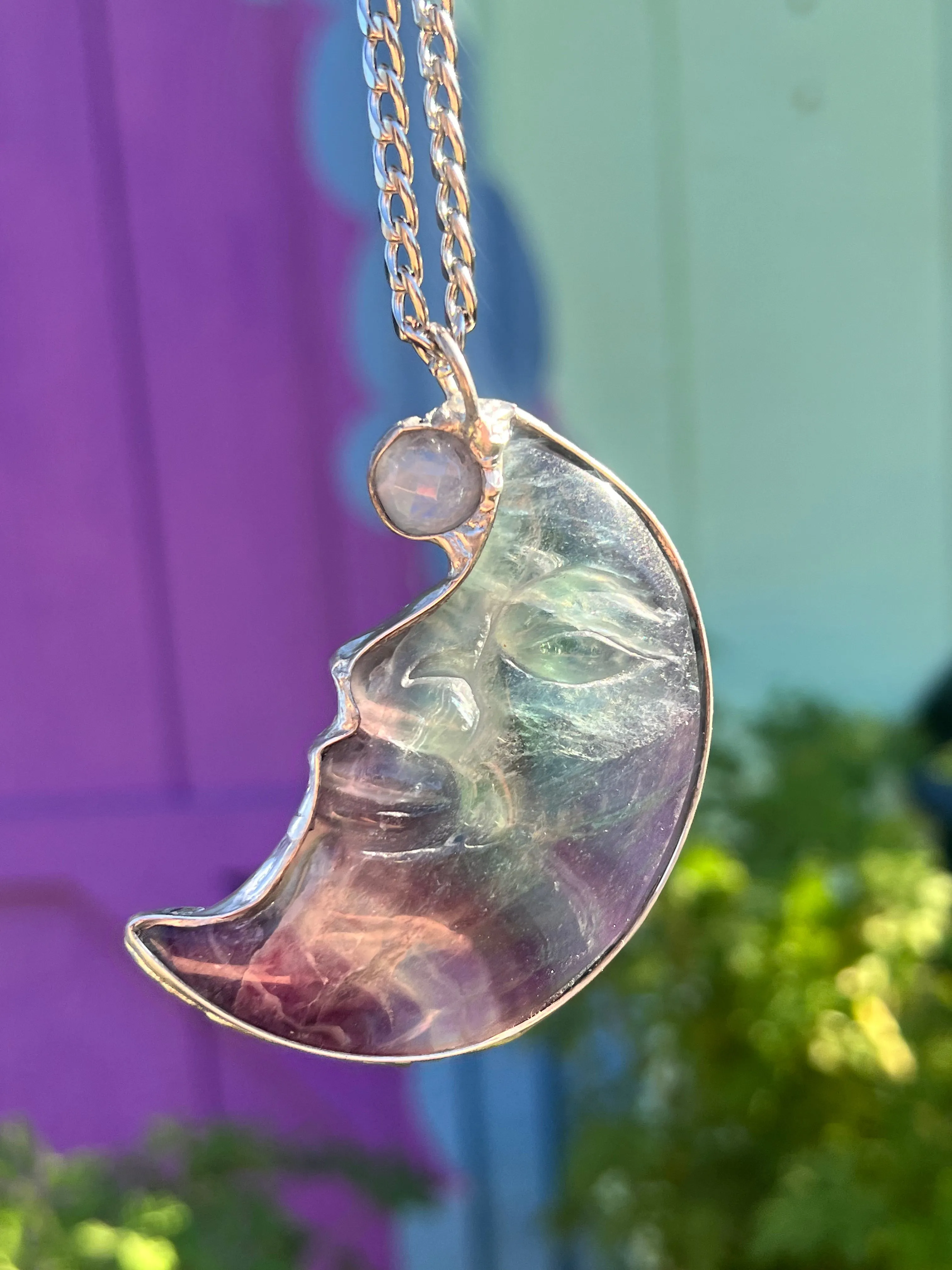 Fluorite and moonstone Moonface necklace