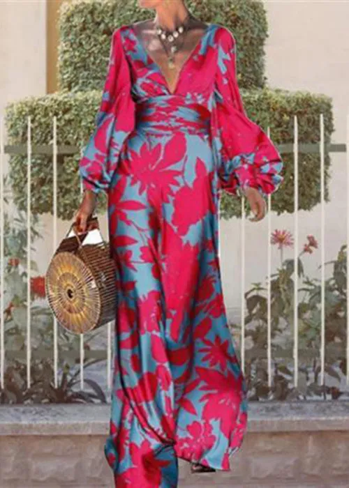 French Rose V Neck Print Cotton Long Dresses Long Sleeve WW1038