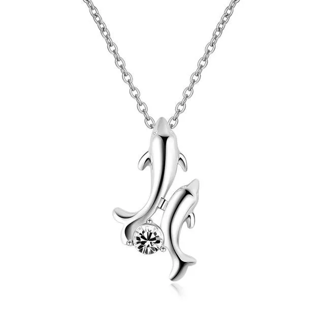 Gemstone and Dolphin and Baby Pendant with Silver Chain Necklace