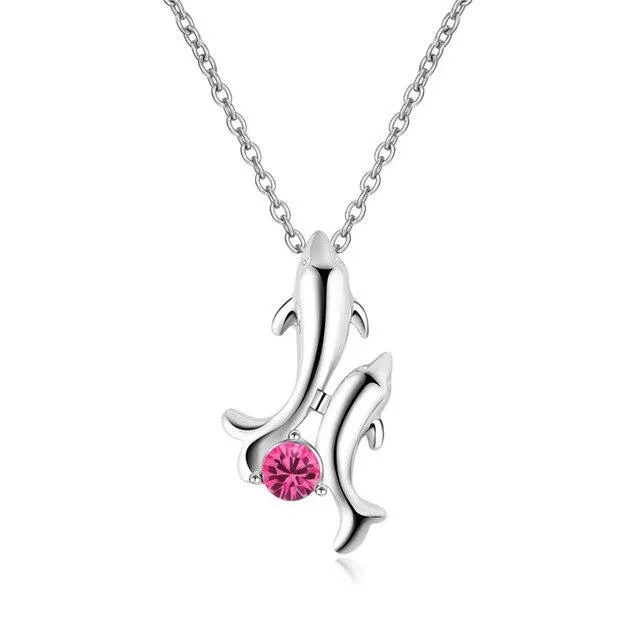 Gemstone and Dolphin and Baby Pendant with Silver Chain Necklace