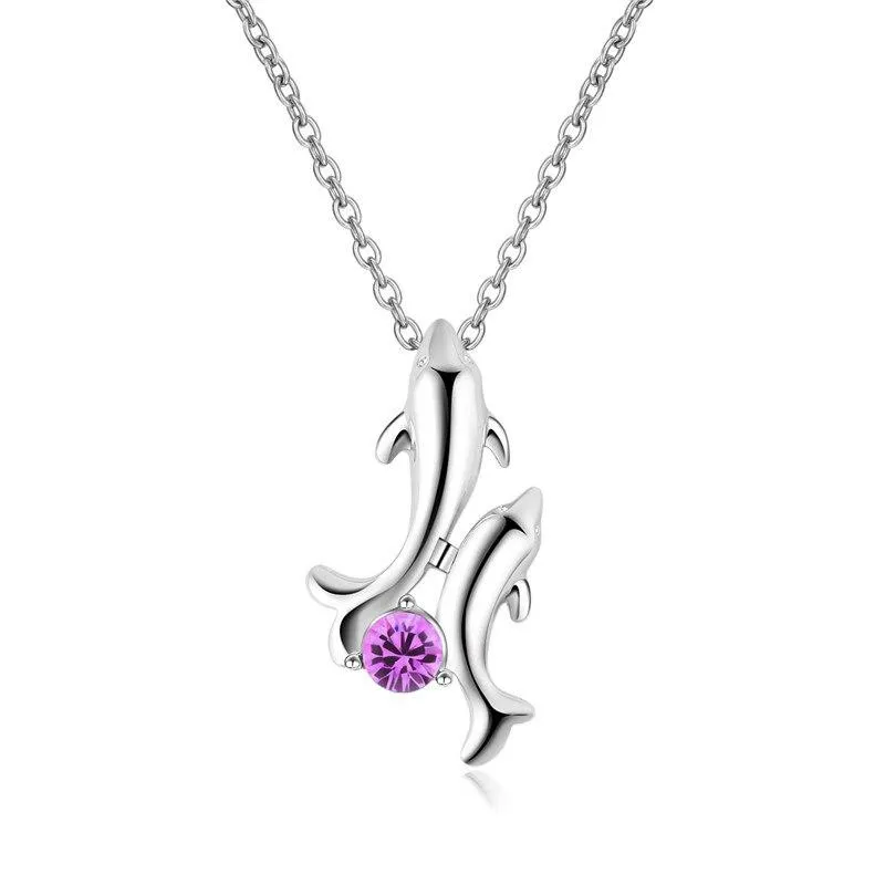 Gemstone and Dolphin and Baby Pendant with Silver Chain Necklace