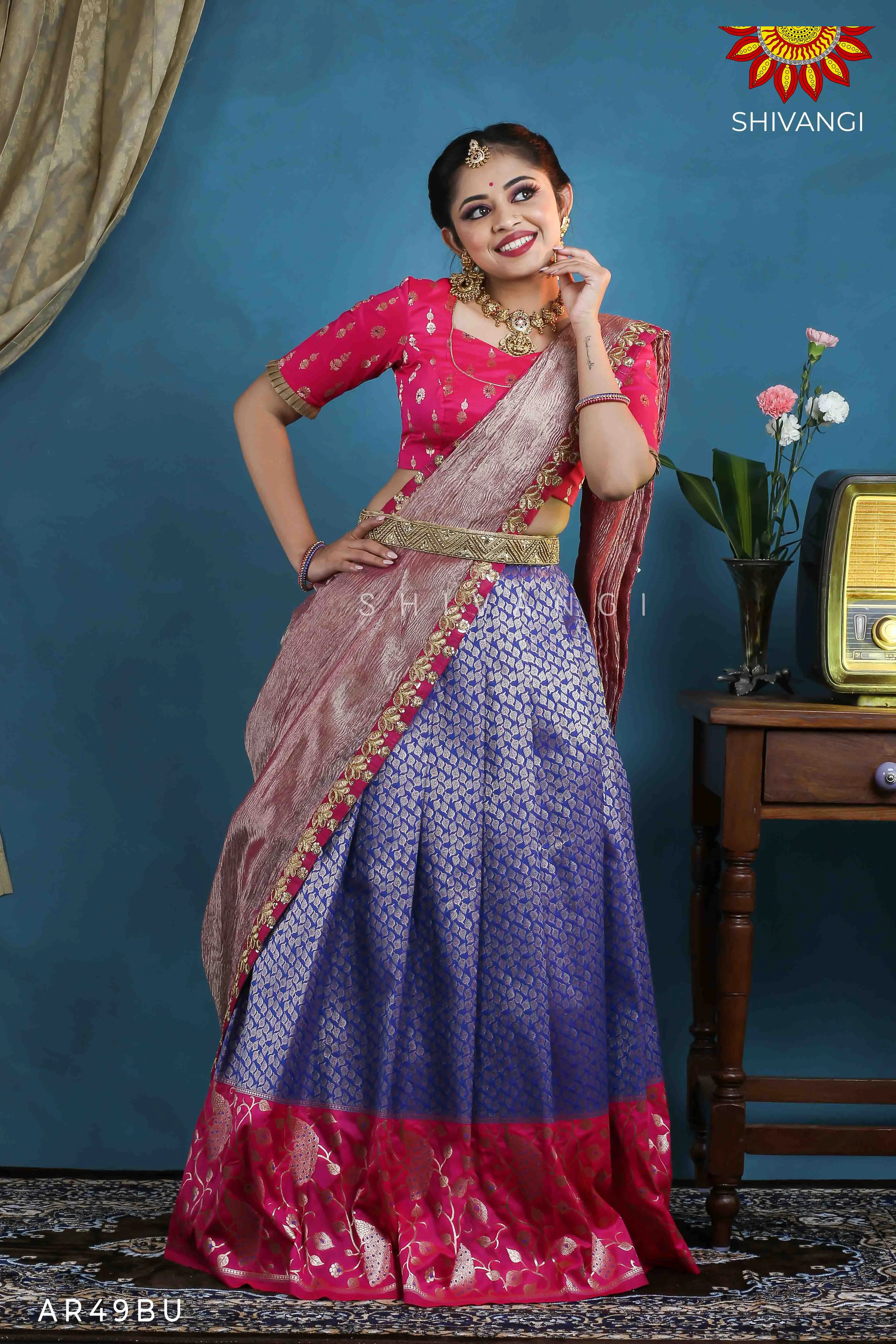 Girls Blue Peacock Paradise Alpha Half Saree | Langa Davani