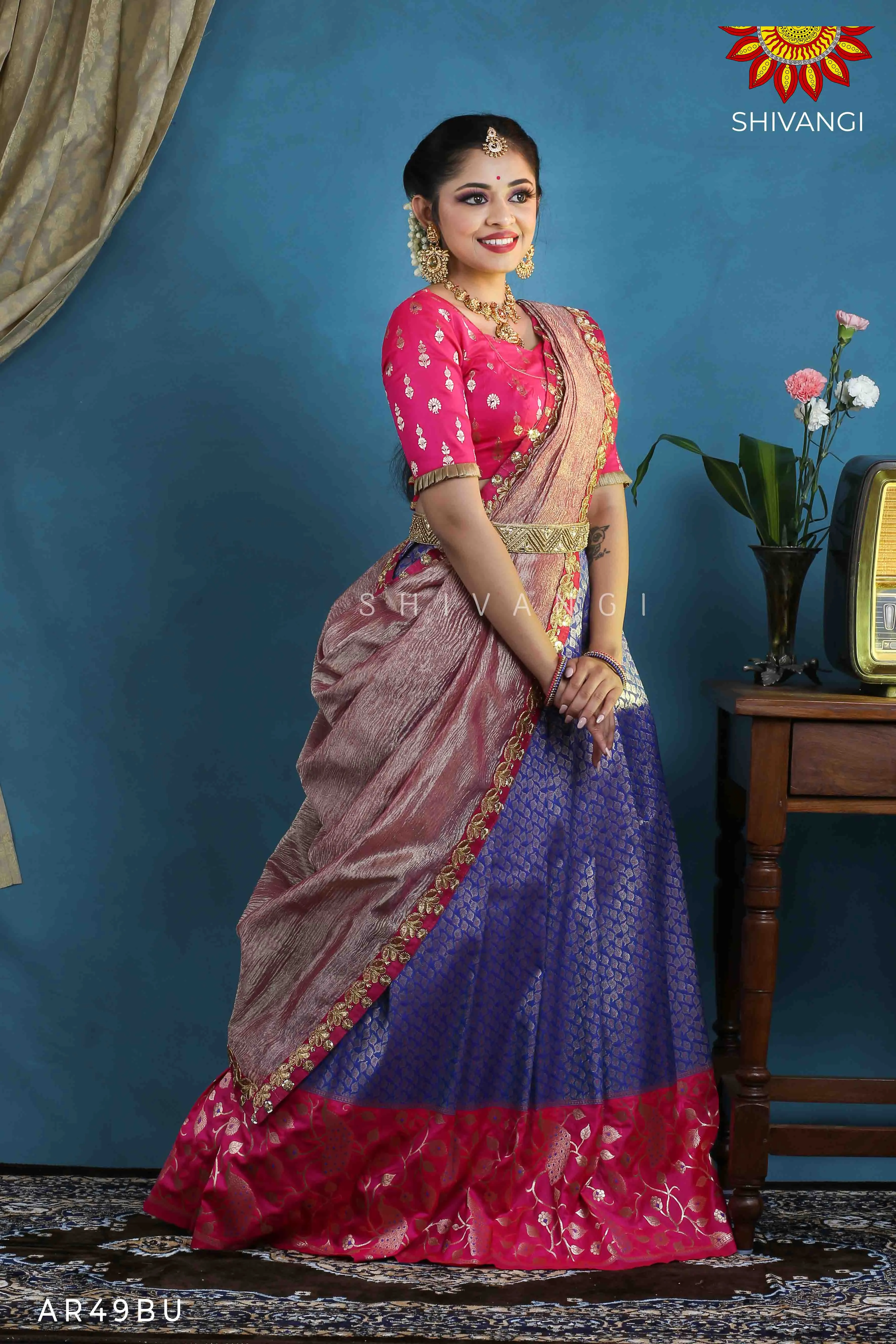 Girls Blue Peacock Paradise Alpha Half Saree | Langa Davani