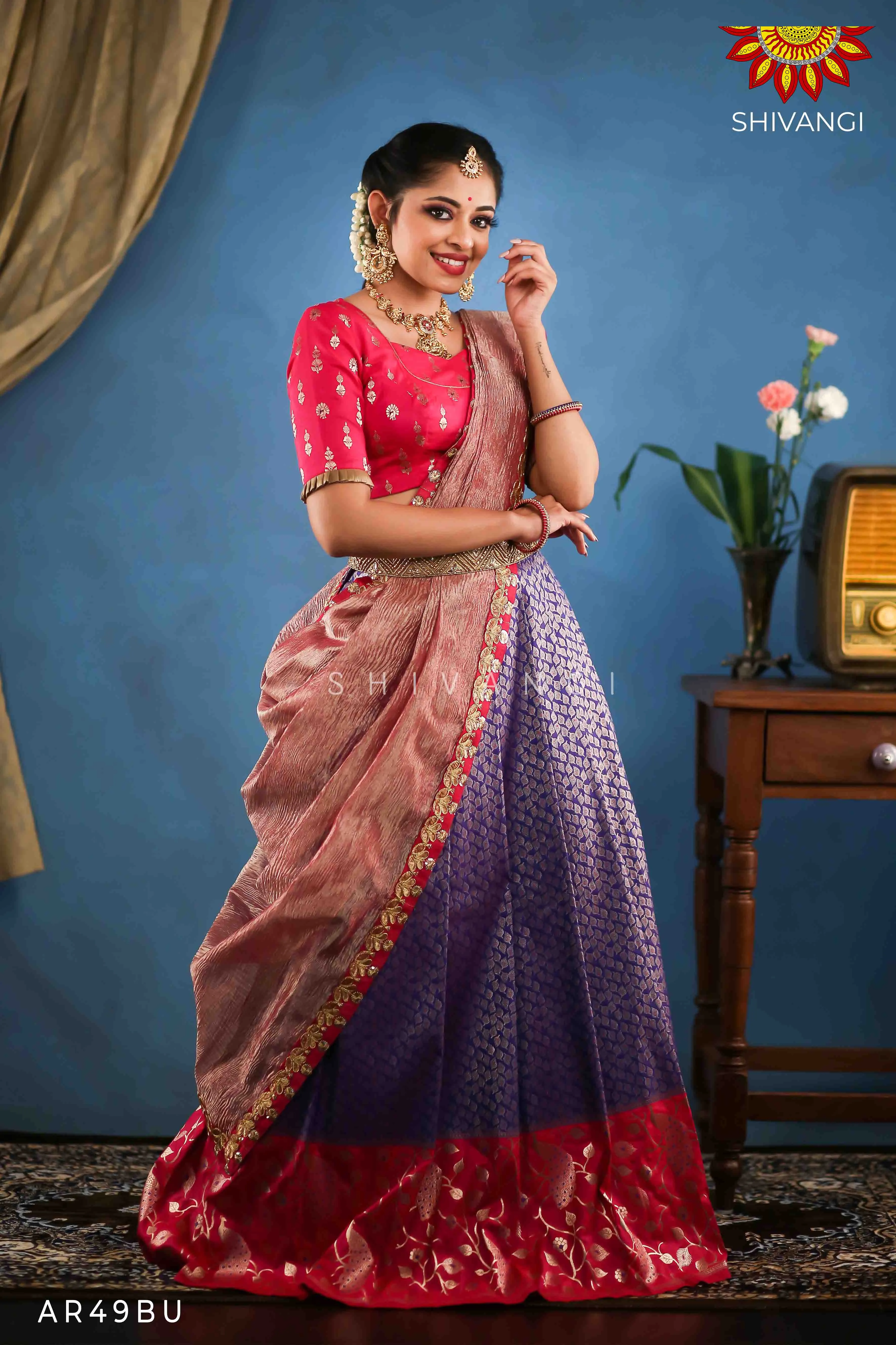 Girls Blue Peacock Paradise Alpha Half Saree | Langa Davani