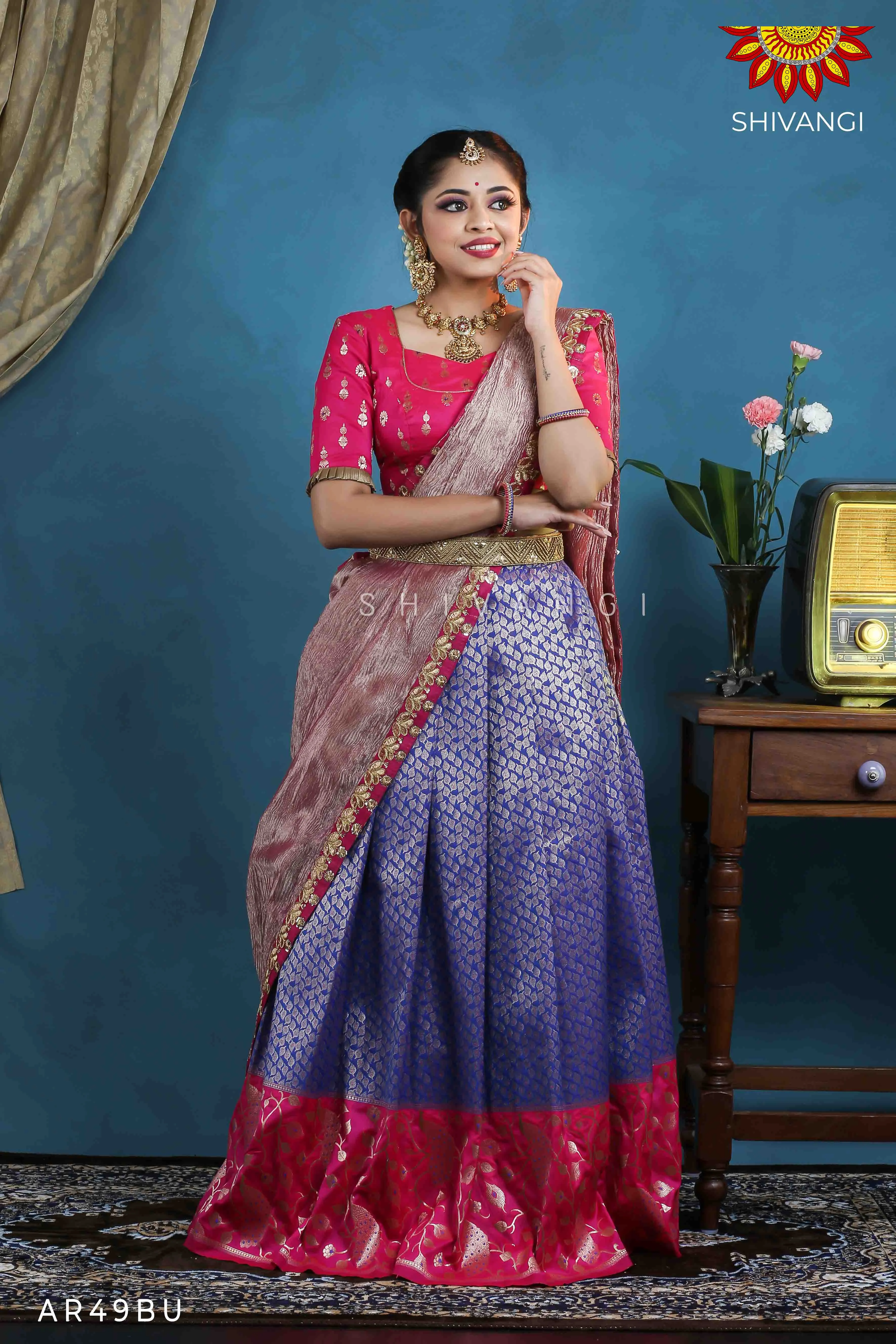 Girls Blue Peacock Paradise Alpha Half Saree | Langa Davani