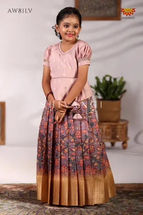 Girls Kalamkari Leaf Pavadai Sattai in Lavender- Festive Wear