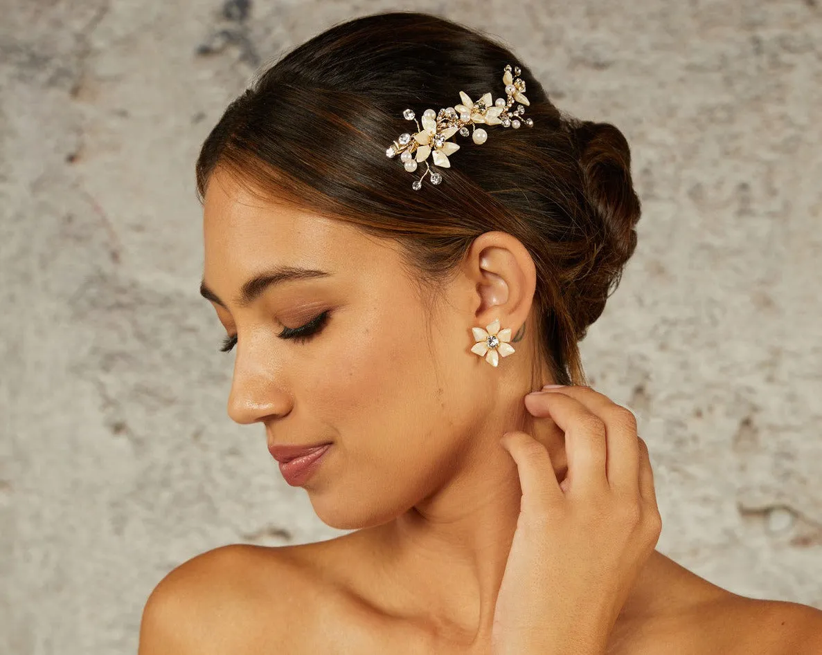 Gold Beaded Flower Bridal Hair Clip