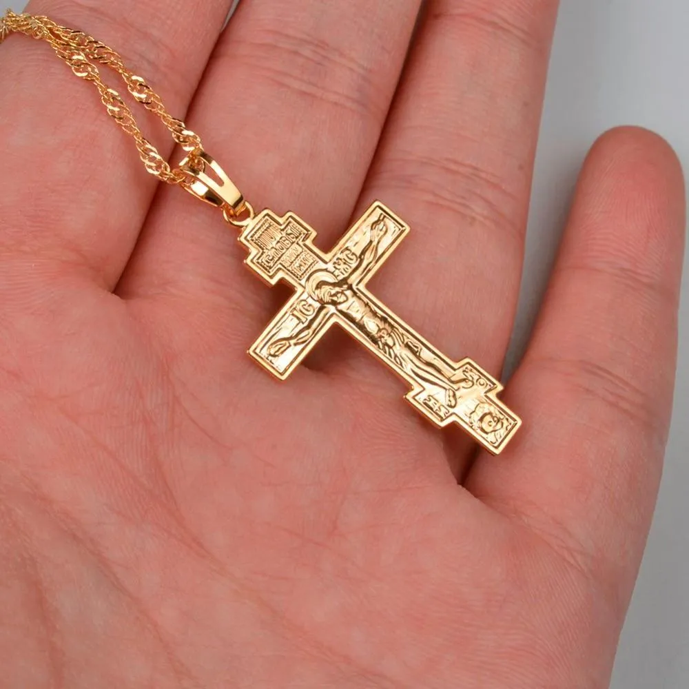 Gold Orthodox Cross with Jesus Pendant and Chain Necklace