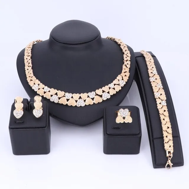 Gold/Silver Color Crystal Heart Necklace, Bracelet, Earrings & Ring Wedding Jewelry Set