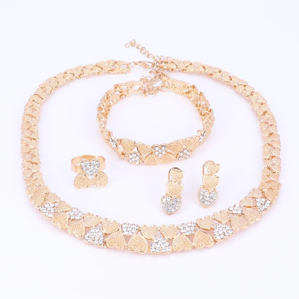 Gold/Silver Color Crystal Heart Necklace, Bracelet, Earrings & Ring Wedding Jewelry Set