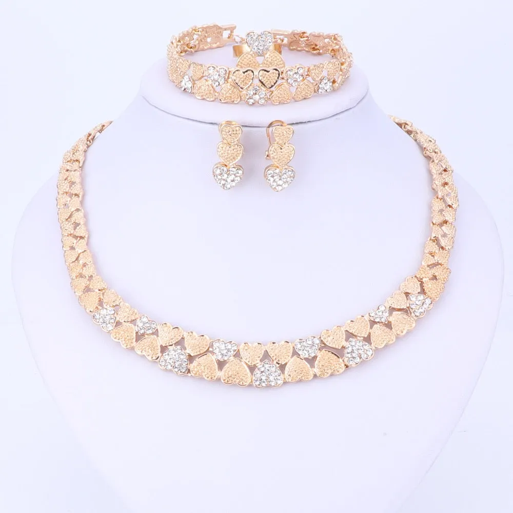 Gold/Silver Color Crystal Heart Necklace, Bracelet, Earrings & Ring Wedding Jewelry Set