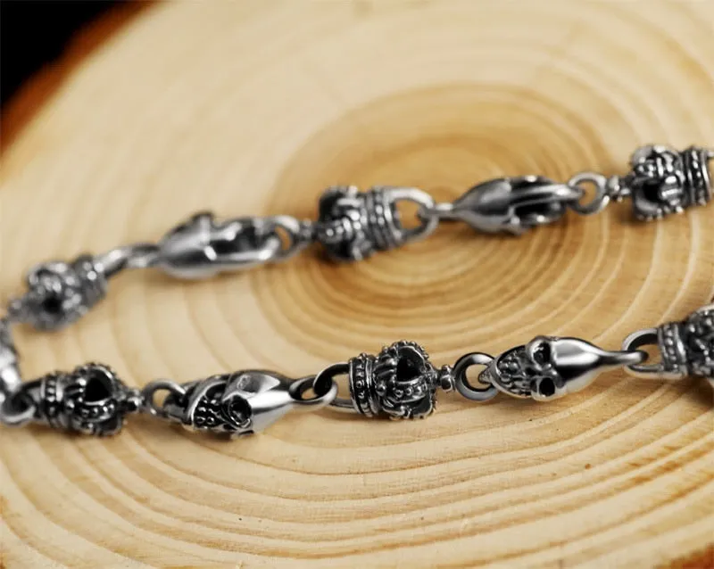 Gothic Skull and Crown 925 Sterling Silver Vintage Punk Biker Bracelet