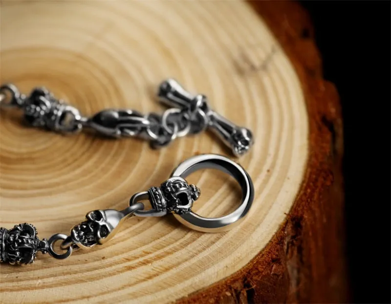 Gothic Skull and Crown 925 Sterling Silver Vintage Punk Biker Bracelet